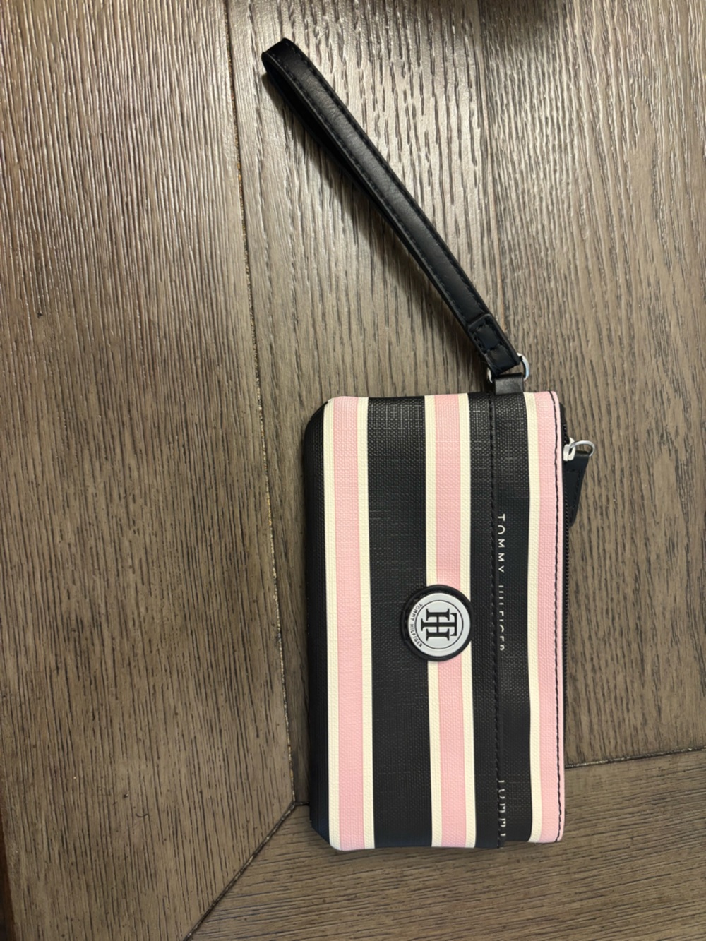 Tommy Hilfiger Pink Black and Cream Striped Wristlet Pouch